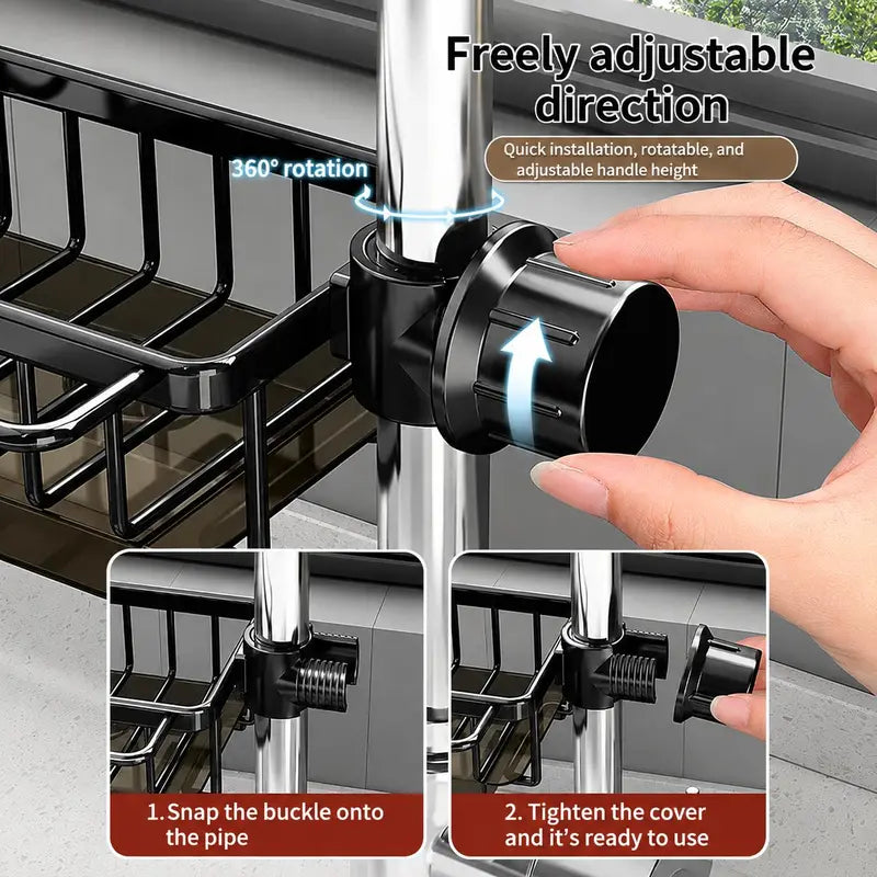 Sink Organizer Rack,Hanging Faucet Drain Rack with Drip Tray Stainless Steel Detachable Sink Faucet Sponge Holder over Faucet for Kitchen and Bathroom,Scrubbers, Soap,Brush