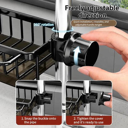 Sink Organizer Rack,Hanging Faucet Drain Rack with Drip Tray Stainless Steel Detachable Sink Faucet Sponge Holder over Faucet for Kitchen and Bathroom,Scrubbers, Soap,Brush