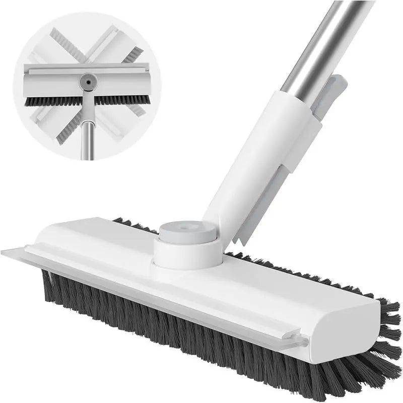 3-In-1 Adjustable Long Handle Floor Brush,Stiff Bristles and Silicone Squeegee, 360° Rotating & Click-Lock, 4 Rods for 3 Lengths, 45° No-Bend Ergonomic Design,For Bathroom, Glass, Garage, Kitchen & Pool