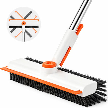 3-In-1 Adjustable Long Handle Floor Brush,Stiff Bristles and Silicone Squeegee, 360° Rotating & Click-Lock, 4 Rods for 3 Lengths, 45° No-Bend Ergonomic Design,For Bathroom, Glass, Garage, Kitchen & Pool