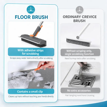 3-In-1 Adjustable Long Handle Floor Brush,Stiff Bristles and Silicone Squeegee, 360° Rotating & Click-Lock, 4 Rods for 3 Lengths, 45° No-Bend Ergonomic Design,For Bathroom, Glass, Garage, Kitchen & Pool