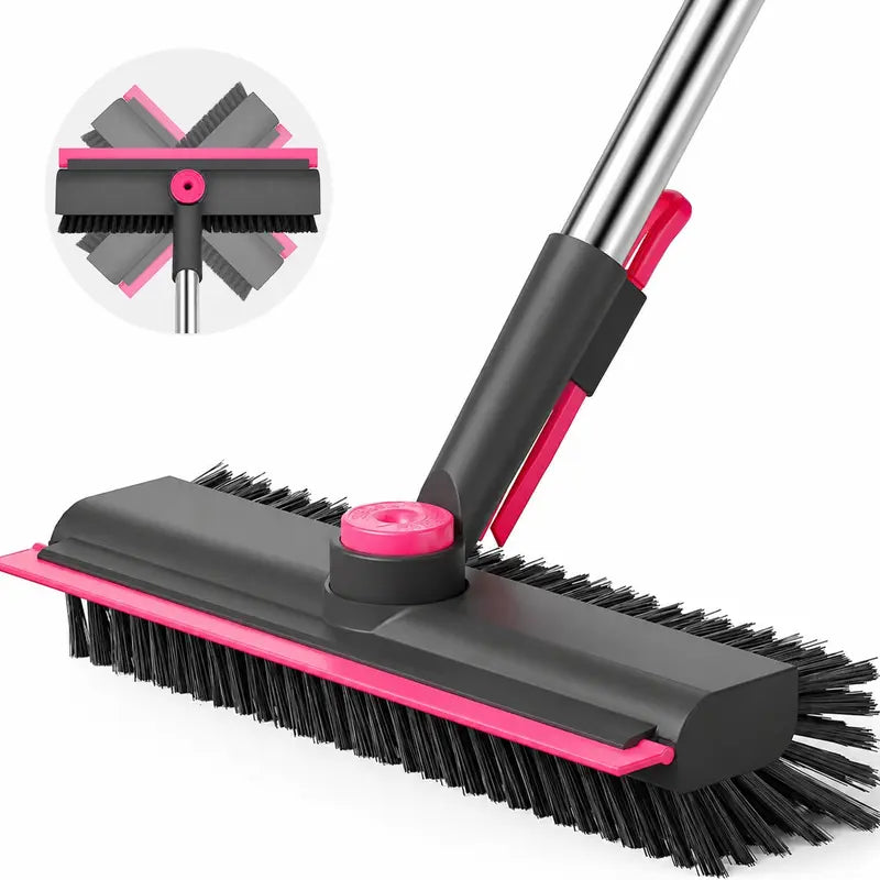 3-In-1 Adjustable Long Handle Floor Brush,Stiff Bristles and Silicone Squeegee, 360° Rotating & Click-Lock, 4 Rods for 3 Lengths, 45° No-Bend Ergonomic Design,For Bathroom, Glass, Garage, Kitchen & Pool