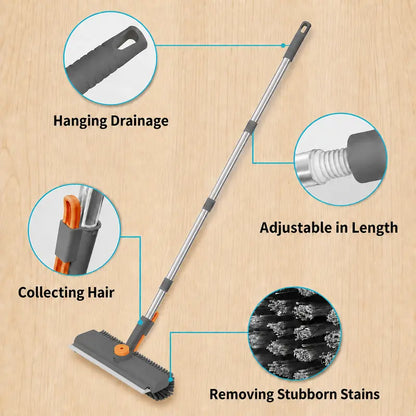 3-In-1 Adjustable Long Handle Floor Brush,Stiff Bristles and Silicone Squeegee, 360° Rotating & Click-Lock, 4 Rods for 3 Lengths, 45° No-Bend Ergonomic Design,For Bathroom, Glass, Garage, Kitchen & Pool